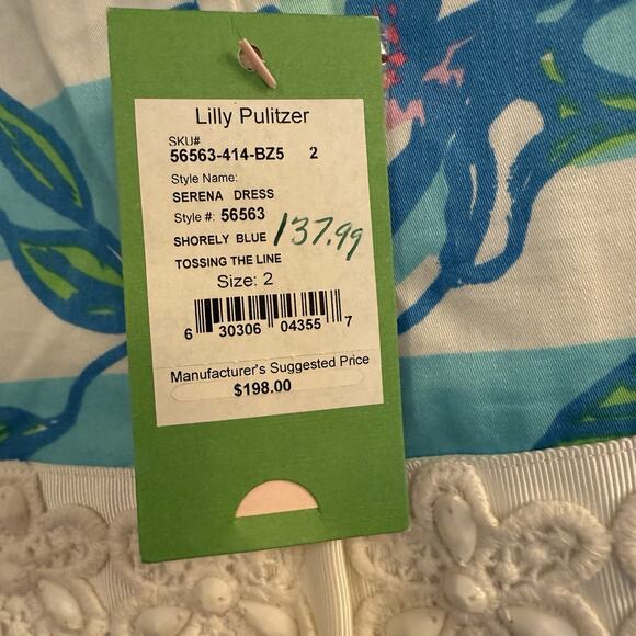 Lilly Pulitzer NWT Dress Sz 2 Serena Blue Tossing the Line Striped Floral Beaded - Picture 5 of 14